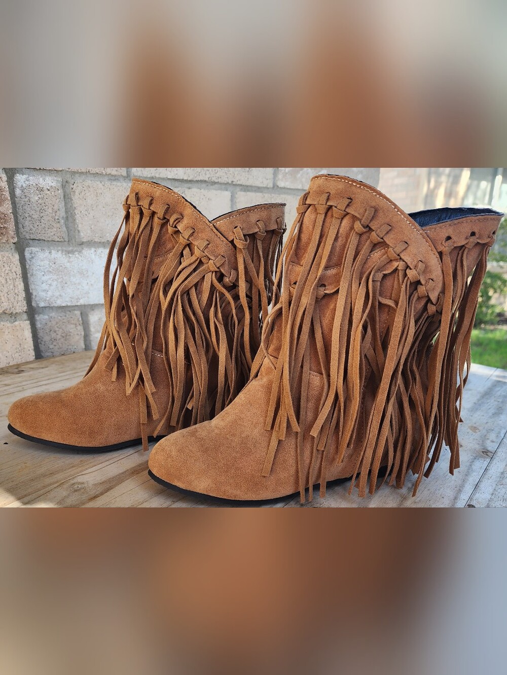 BOHO 6.5 Camel Tan Faux Suede Fringe Ankle Boots Hidden Wedge Festival Booties
